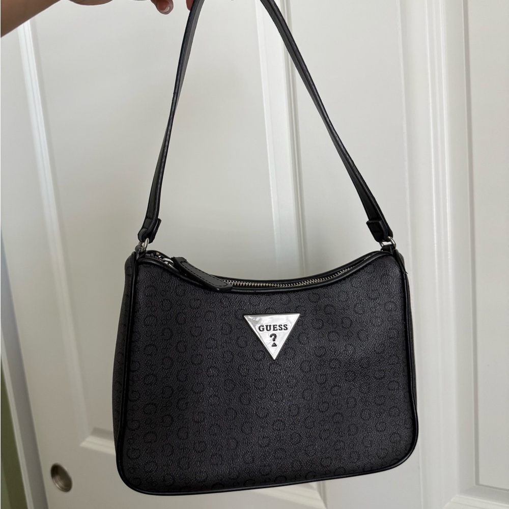 Guess Black Pebbled Shoulder Bag with Silver Logo